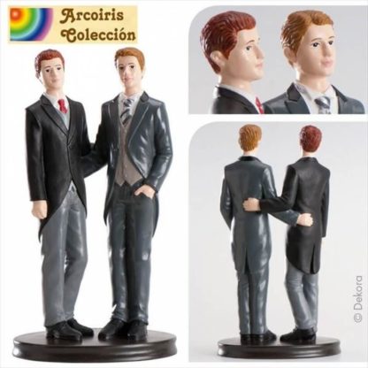 Figurine Mariés – Mariés en Costume Gris et Noir - Bras Dessus Dessous – Mariage Gay