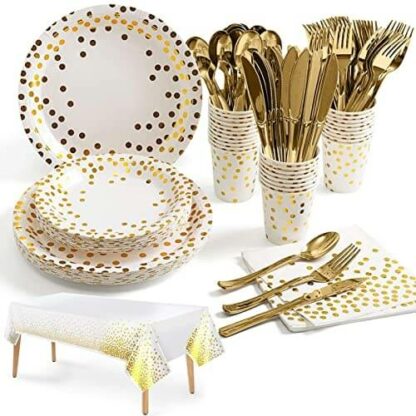 Élégance Dorée - Kit de Vaisselle Écologique pour 20 Invités - Décoration Mariage, Assiettes et Couverts Réutilisables